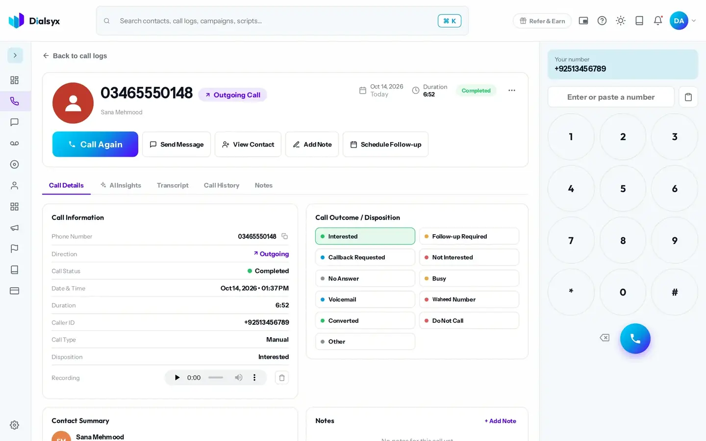 Customer support in the Dialsyx dialer