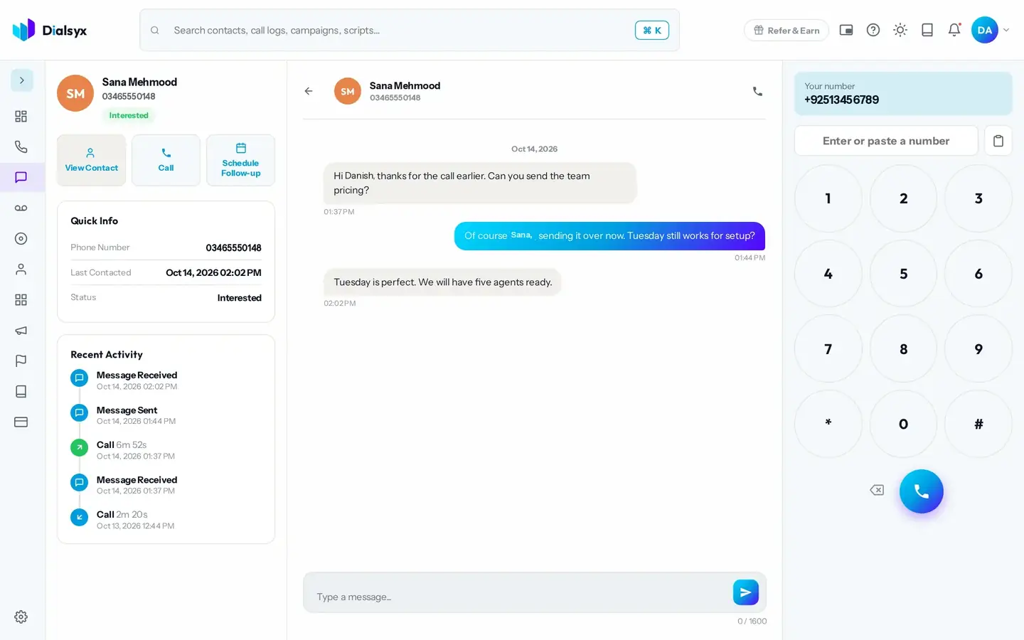 A message thread with a contact. Quick info and recent activity sit on the right.